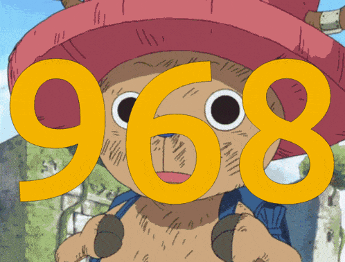 a cartoon character with the number 968 on his face