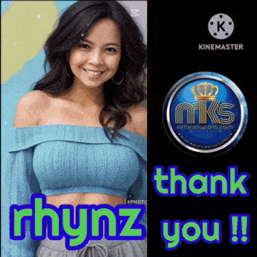 a woman in a blue off the shoulder top is next to a sign that says " thank you "