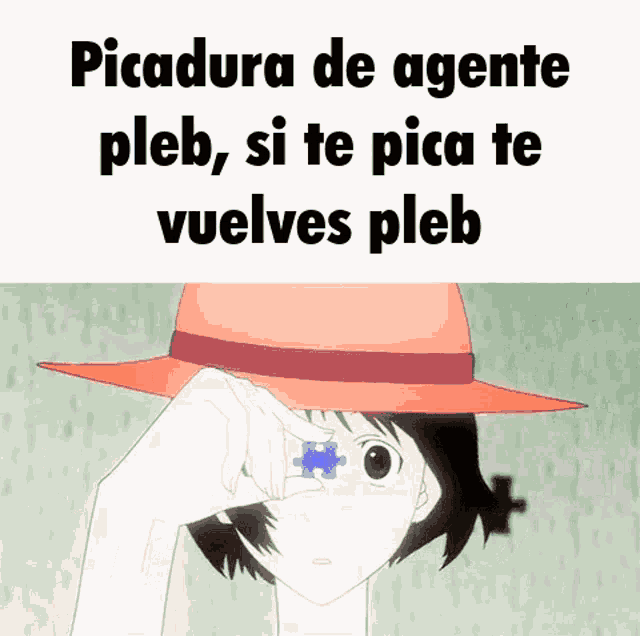 a girl in a hat is holding a puzzle piece in front of her eye