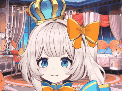 a girl with white hair and blue eyes wearing a blue crown