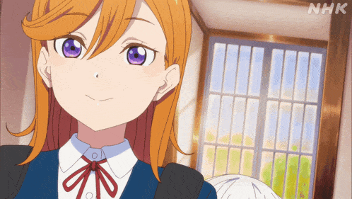 a girl with orange hair and purple eyes stands in front of a window with nhk written on the bottom