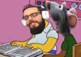 a cartoon of a man with a beard wearing headphones next to a rat