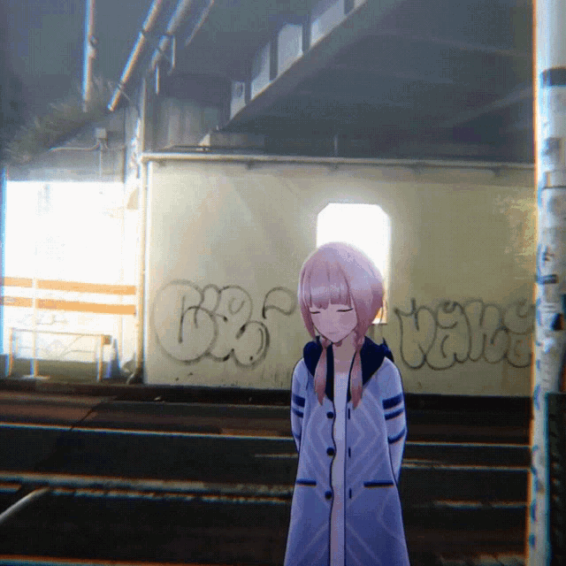 a girl with pink hair is standing in front of a wall that has graffiti on it that says cbs vans