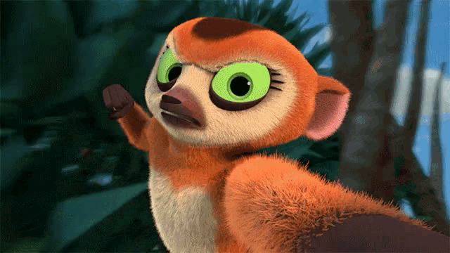 a close up of a cartoon animal with green eyes making a funny face
