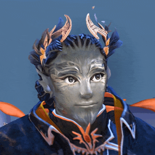 a close up of a person 's face with a blue background