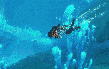 a video game character is floating in the ocean