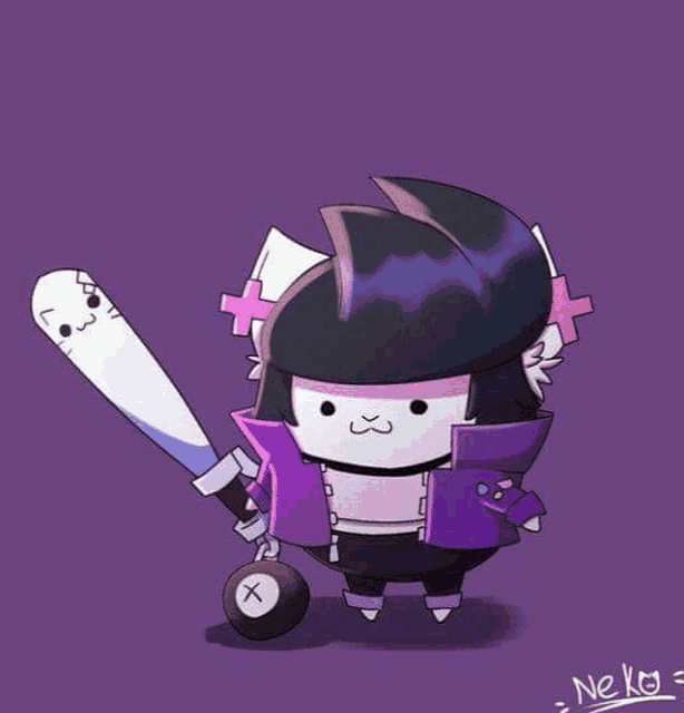 a cartoon character is holding a bat and a ball in his hand .