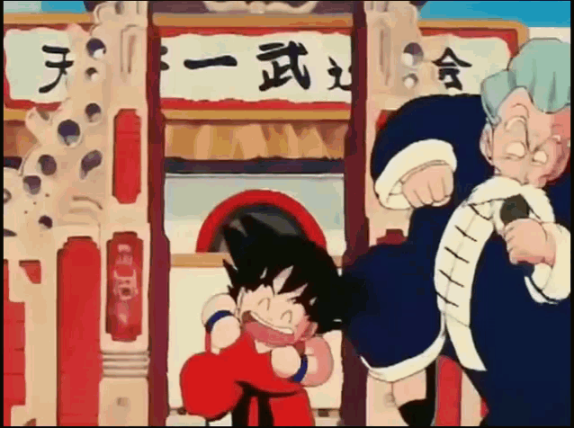 a cartoon of a man holding a microphone standing next to a boy in front of a building with chinese characters on it