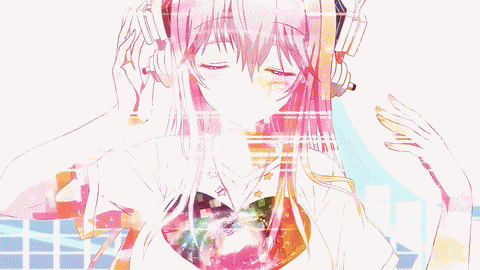 a pink haired anime girl wearing headphones and a heart necklace