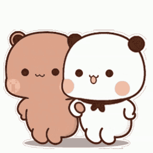 two cartoon bears are standing next to each other and hugging each other .