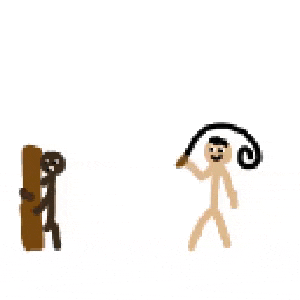 a stick figure is holding a whip in front of a tree stump with blood on it .