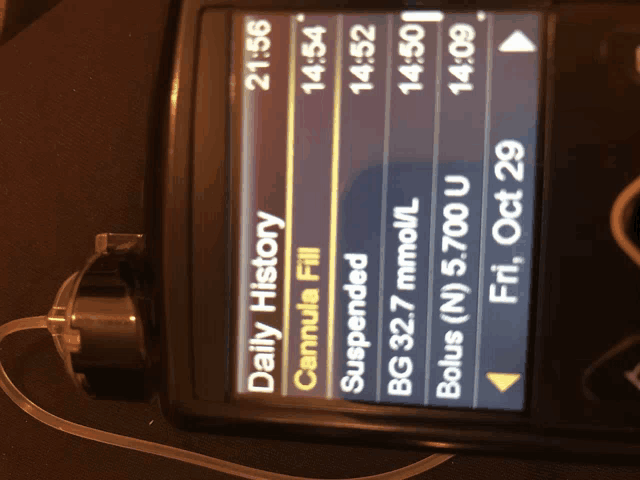 a device displays a daily history of cannula fill suspended