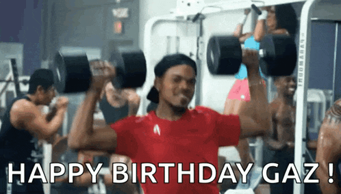 a man in a red shirt is lifting a dumbbell in a gym with the caption happy birthday gaz