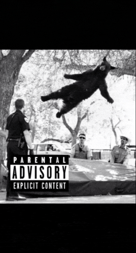 a parental advisory explicit content poster shows a bear flying through the air