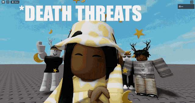 a girl in a yellow and white hat is standing in front of a sign that says death threats