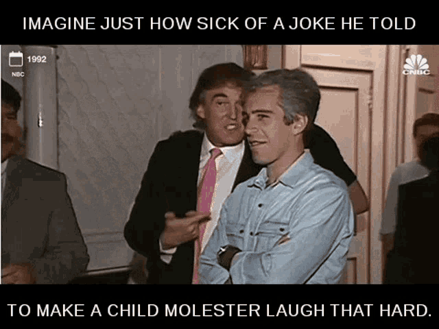 two men are standing next to each other with a caption that says " imagine just how sick of a joke he told