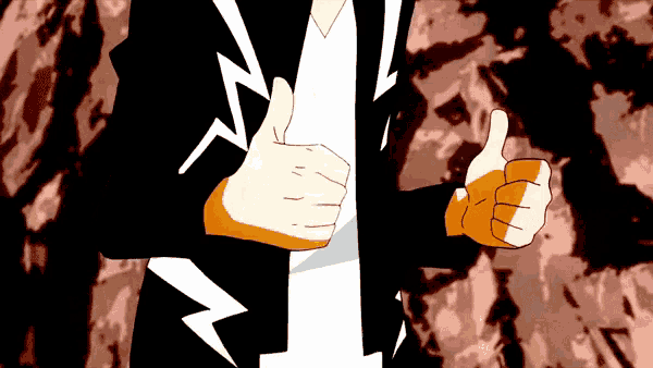 a person with a lightning bolt on their jacket is giving a thumbs up sign