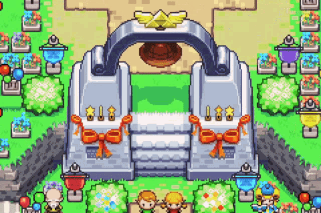 a pixel art drawing of a castle with flowers and a staircase