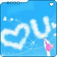 a person is blowing soap bubbles in the shape of a heart and writing the word love on the clouds .