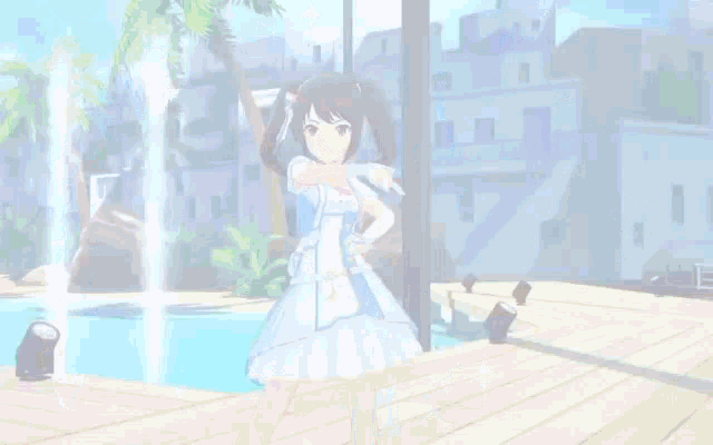 a girl in a blue dress is standing in front of a pool
