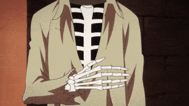a drawing of a skeleton with a striped shirt and a skeleton hand