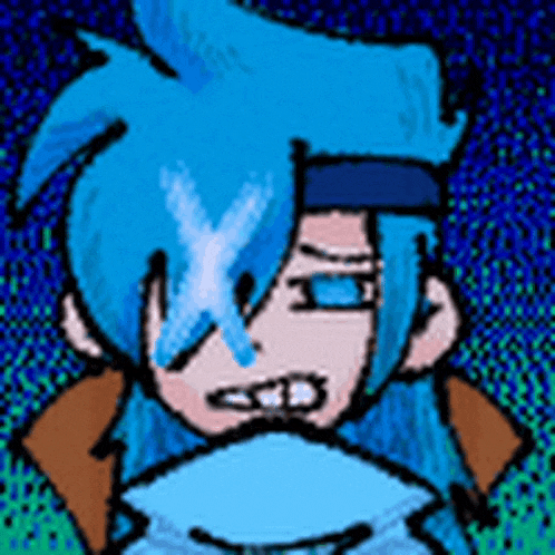 a cartoon character with blue hair and a fan in his mouth
