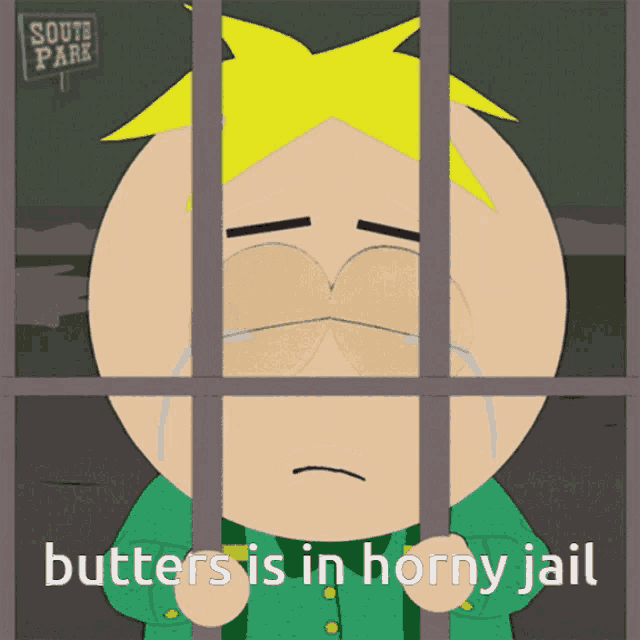 butters from south park is crying behind bars in jail