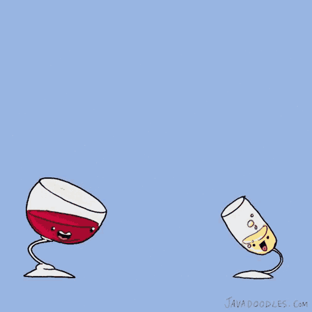 a cartoon of two glasses of wine and champagne toasting each other