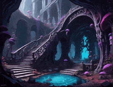 a painting of a staircase with purple mushrooms and the letters j.a.r. on the bottom