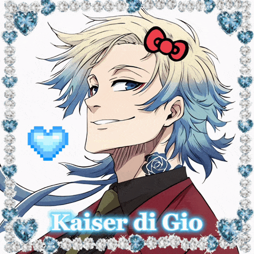 a picture of kaiser di gio with a hello kitty bow on his hair