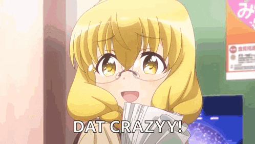 a girl with yellow hair and glasses is holding a fan and says dat crazyy