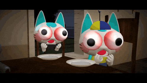 two cartoon cats are sitting at a table eating plates of food