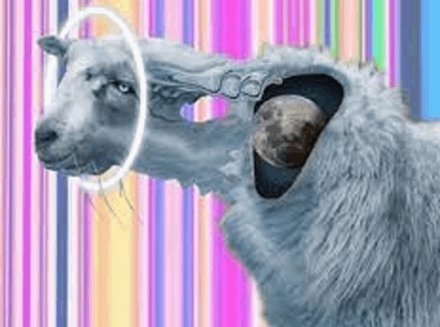 a sheep with a hole in its head and a moon in its mouth .