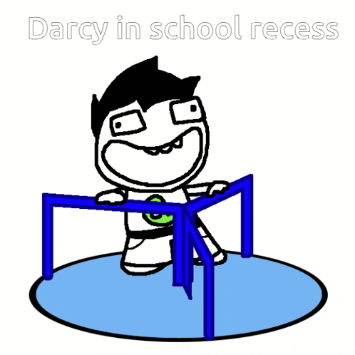a cartoon of darcy in school recess with a blue merry go round in the background