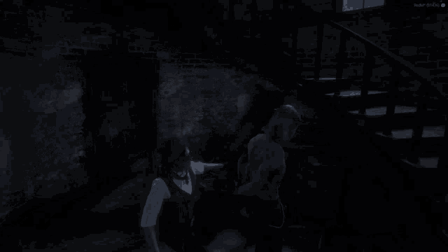 a screenshot of a video game shows a man holding a knife next to a woman