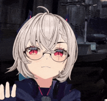 a girl with white hair and red eyes is wearing glasses and a necklace