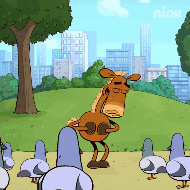 a cartoon of a horse dancing in a park with the nick logo on the bottom