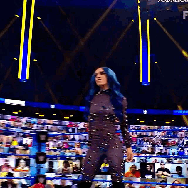 a woman with blue hair is standing in front of a crowd in a wrestling ring