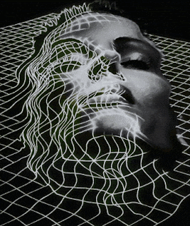 a black and white photo of a woman 's face behind a net