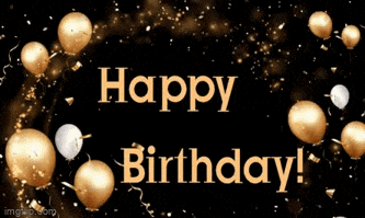 a black background with gold and white balloons and the words happy birthday