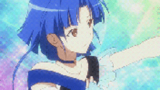 a pixel art of a girl with blue hair and a blue dress .