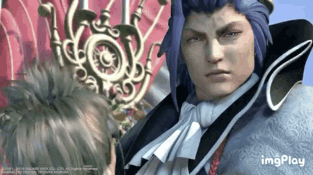a man with blue hair is standing in front of a red curtain with the words imgplay on the bottom right