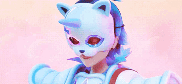 a cartoon girl with blue hair and big blue eyes is smiling .