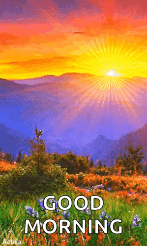 a picture of a sunset with the words good morning written below it