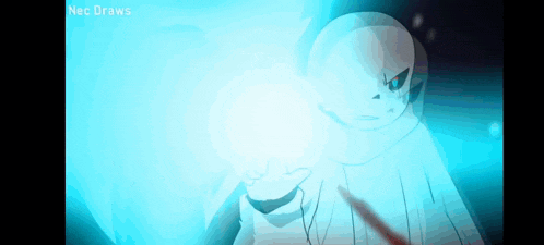 a cartoon character with a blue light coming out of his hand