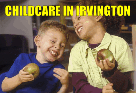 a poster for childcare in irvington shows two children laughing and holding apples