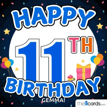a happy 11th birthday gemma card with balloons and confetti