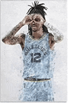 a painting of a basketball player making a face .