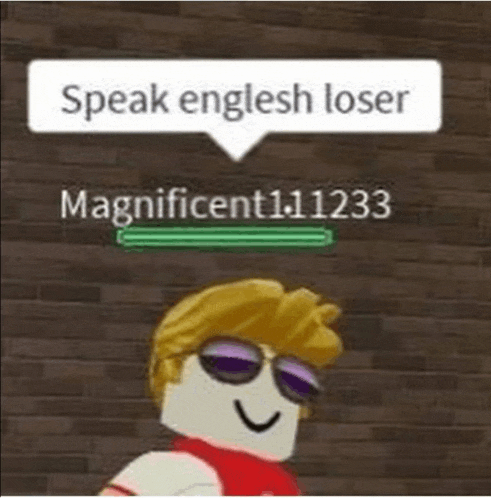 a roblox character with sunglasses and a speech bubble that says `` speak english loser ''