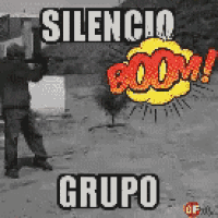 a black and white photo of a man holding a gun with the words silencio boom grupo